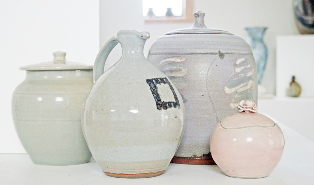 Ian Rowe, Lidded jar; Les Blakebrough, Carafe; Unknown, Lidded jar; Zak’s Pottery, Lidded bowl; Hilary Barta, Vase; Sylvia Halpern, Two vases